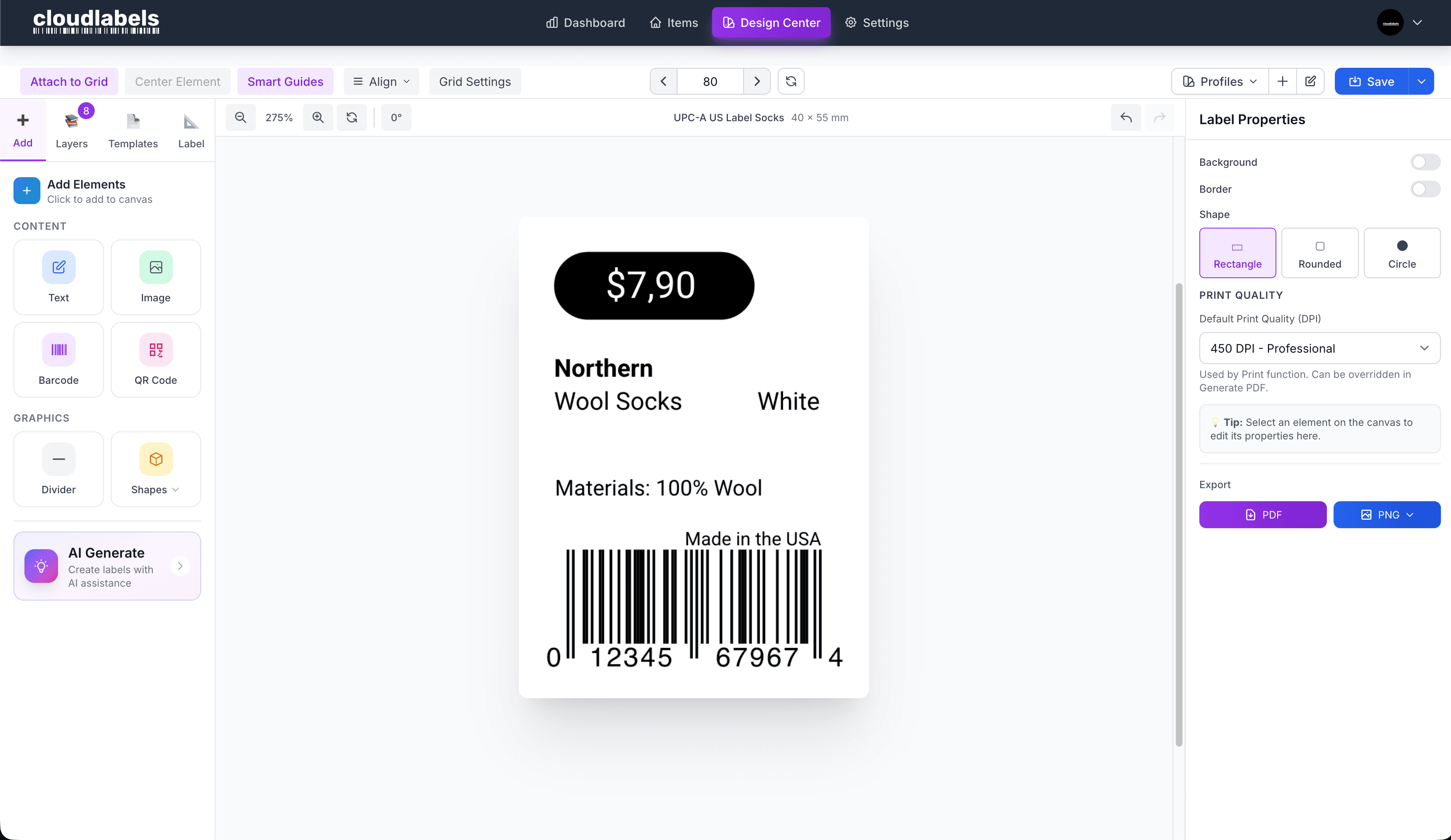 Cloudlabels label designer showing retail and Shopify-ready barcode labels
