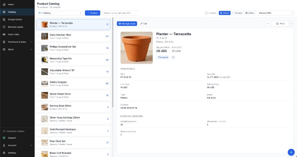 Cloudlabels product catalog with a product card showing price, SKU, barcode, and stock by location