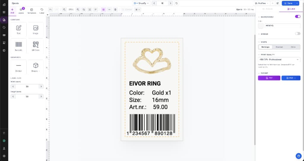 Cloudlabels Design Center with a 30 × 50 mm jewelry label on the canvas - image, text fields, and EAN-13 barcode