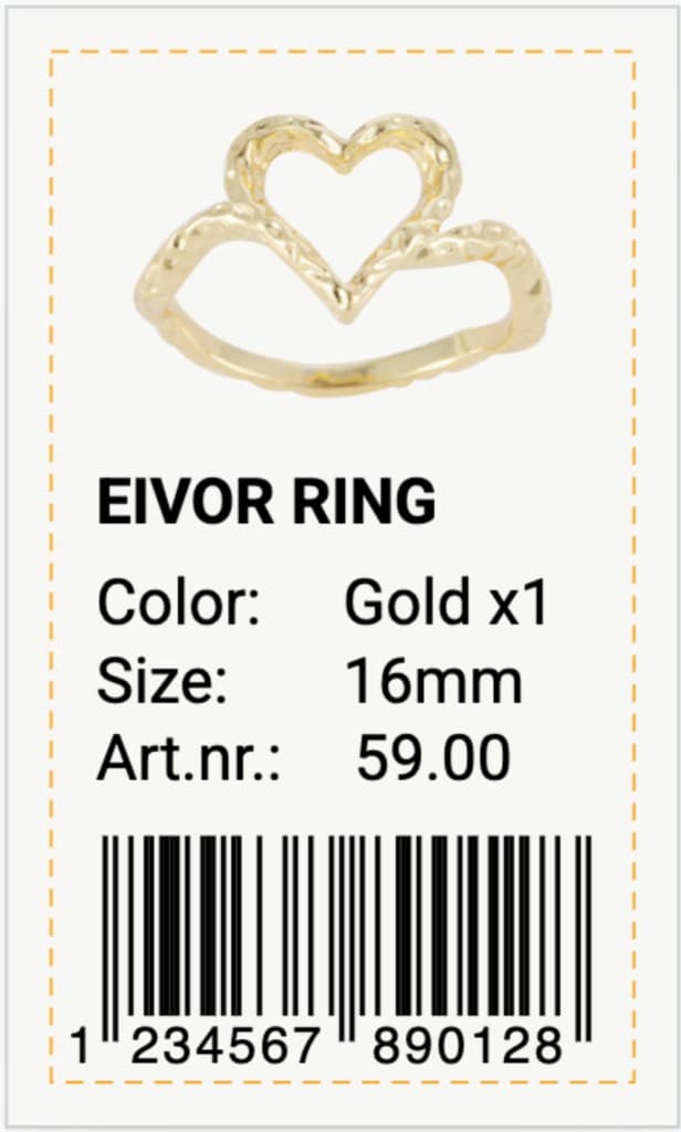 The finished EIVOR RING label - product photo, attributes, and scannable EAN-13 barcode