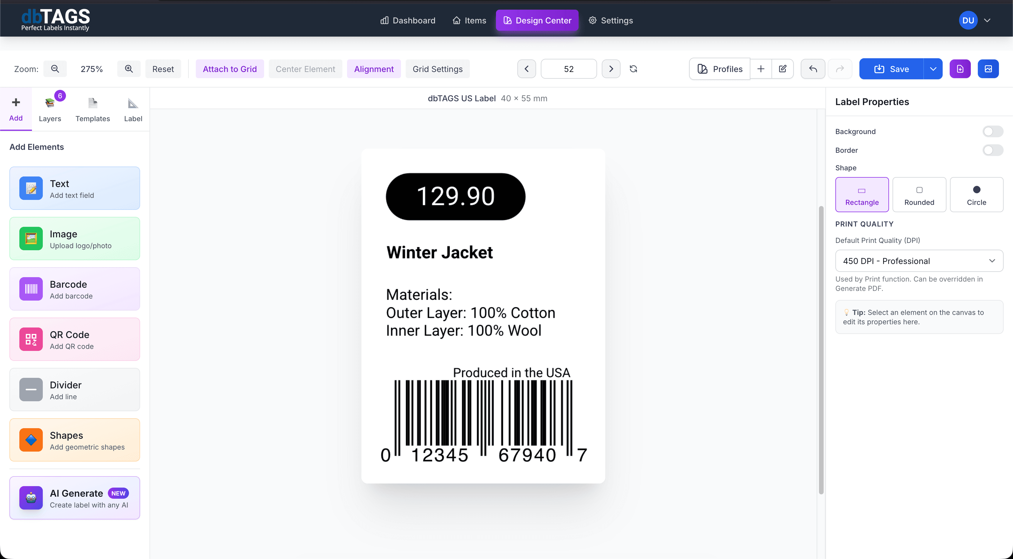 Cloudlabels Avery label template workflow with barcode label design and PDF export